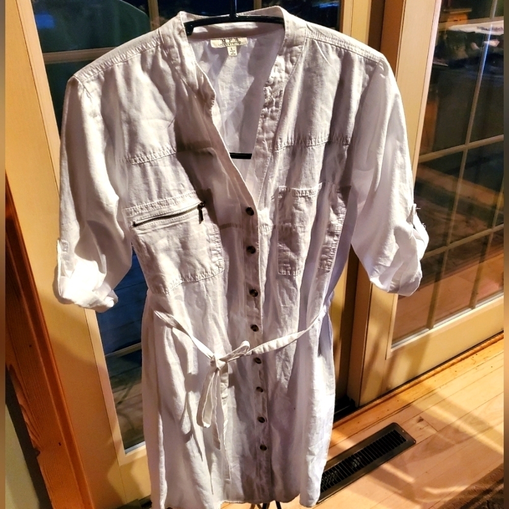 MPH Collection White 3/4 Sleeve Belted Buttoned Sz. L Dress‎ w Pockets